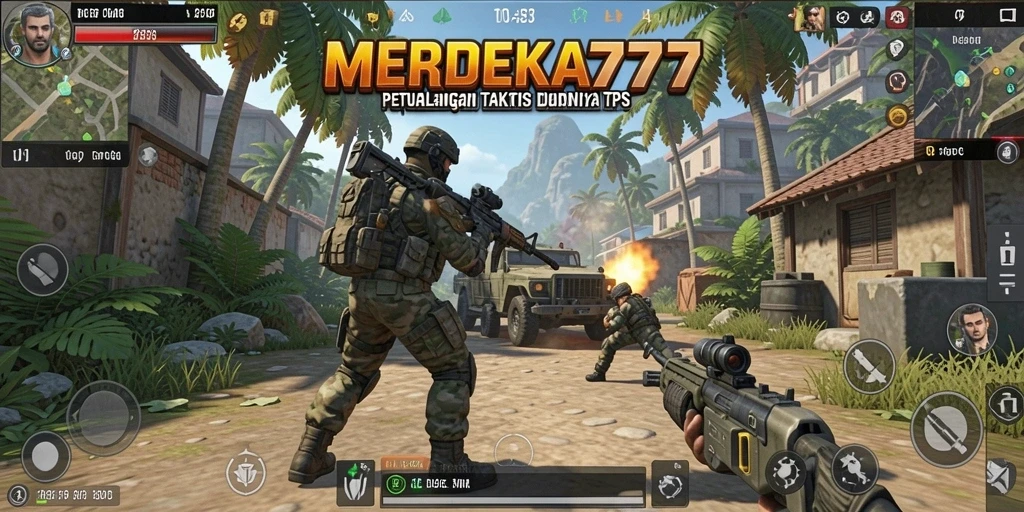 Screenshot utama gameplay MERDEKA777 menunjukkan aksi menegangkan dalam TPS.