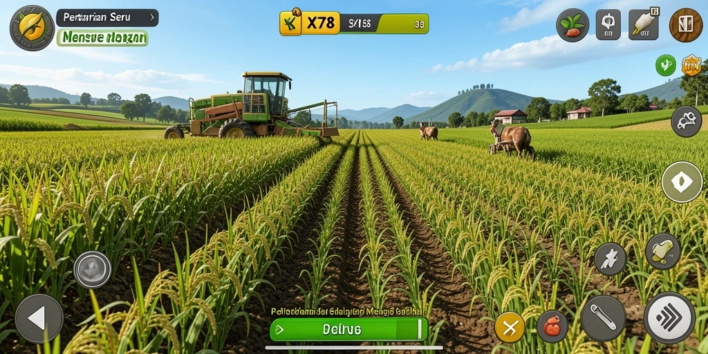 Screenshot utama X78 menampilkan kebun yang subur dan hewan ternak.